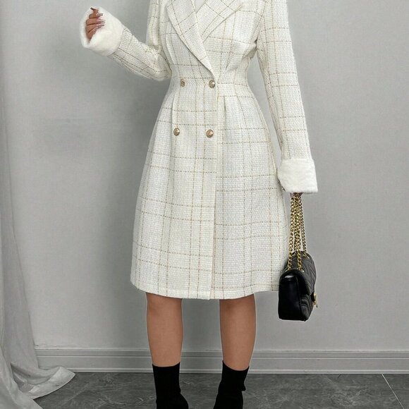 White Elegant Women's Long Sleeve Double-Breasted Coat w/Cinched Waist Cuff Fur - Picture 5 of 8